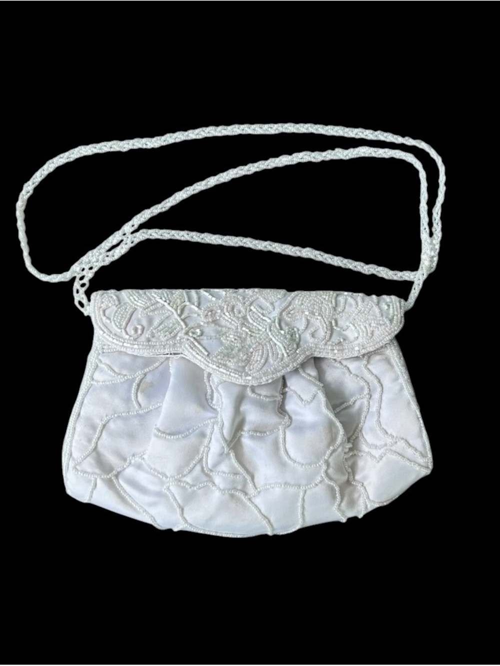 VTG La Regale Beaded Purse White Beaded Chain Strap Wedding Satin Lining FLAWS